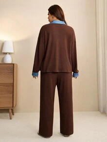 Edennvi Plus Size Women's Patchwork Denim Effect Print Lapel Front Tie Long Sleeve Top And Pants 2 Pieces Set Fall Homewear Vacation Brown Casual Cargo - Multicolor - View 2