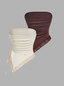 SHEIN MOD 2pcs Women's Solid Color Ruched Side Drawstring Lace Hem Tube Top - Brown - View 2
