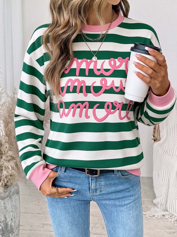 SHEIN LUNE بلوزة رياضية كاجوال للنساء بتصميم خطوط وحروف وألوان متباينة، مناسبة لملابس الخريف/الشتاء - أبيض - مشاهدة 6