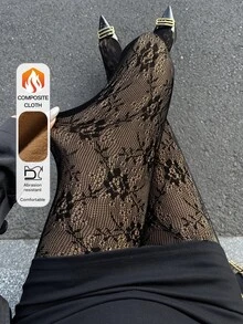 DAZY Women's Autumn/Winter Thermal Lined Lace Footed Leggings Casual Sexy Tights New Year Christmas Night Going Out Black - Black - View 1