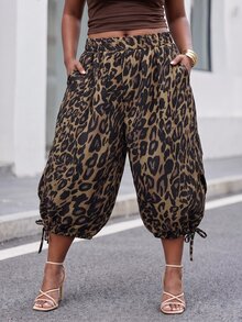 Slaydiva Plus Size Women Leopard Print Pocket Tie Design Casual Capris - Brown - View 9