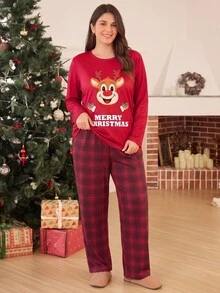 Doze Lane Set Piyama Lengan Panjang dan Celana Panjang Motif Kartun Natal Lucu Kasual Ukuran Plus Motif Kotak-kotak - MultiWarna - View 5
