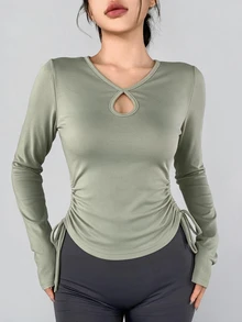 DAZY Women's Solid Color Pleated Casual Daily Long Sleeve Sports T-Shirt - Mint Green - View 2