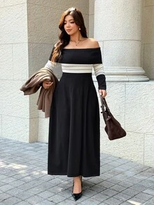 Easura Plus Size Off-Shoulder Jacquard Knit Waist-Cinching Midi Dress - Black - View 2
