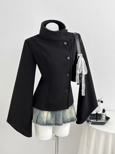 Elamini High Neck Double-Breasted Decor Flared Sleeve Overcoat