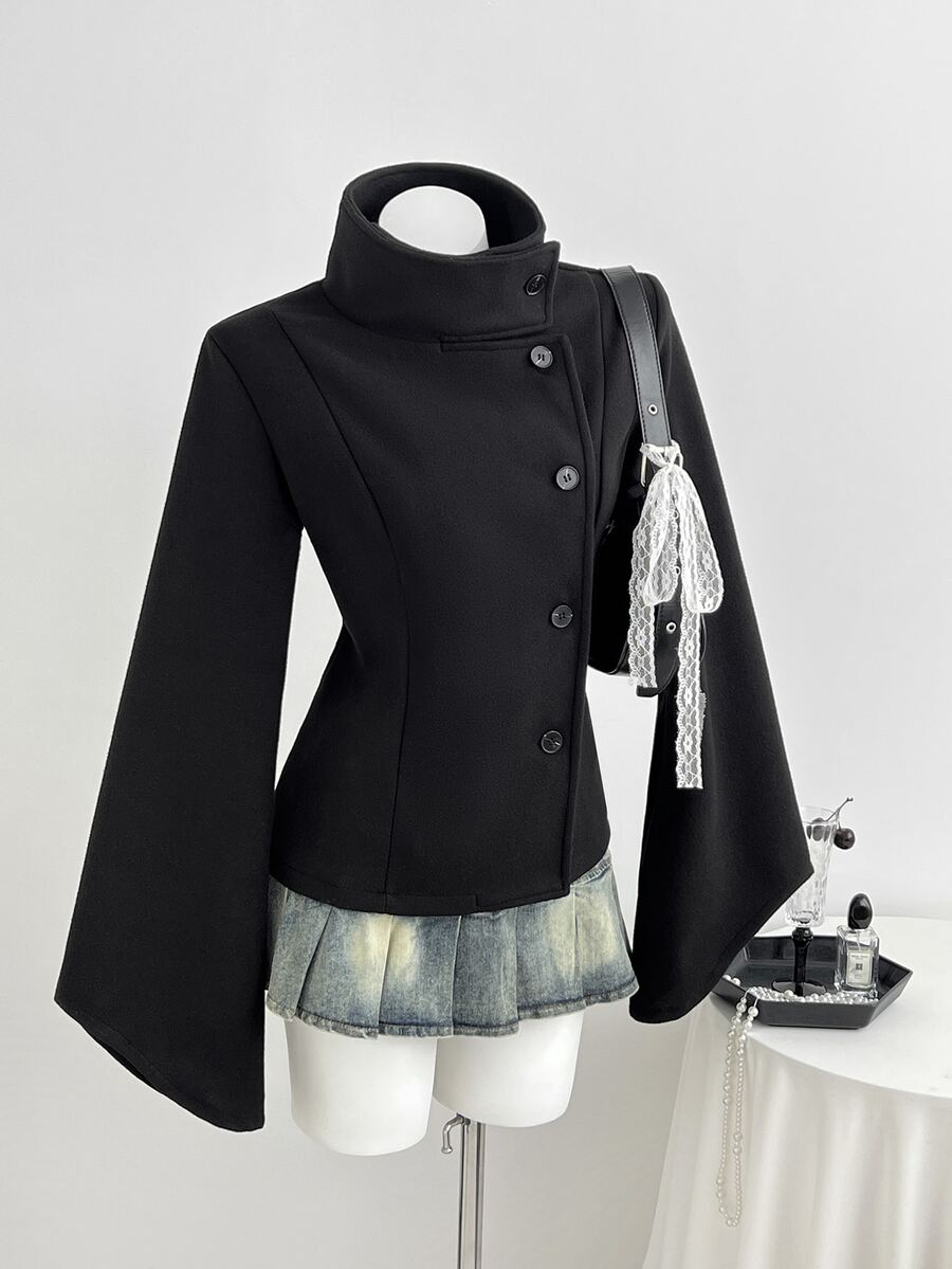 Elamini High Neck Double-Breasted Decor Flared Sleeve Overcoat - Black - View 1