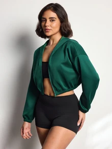 SHEIN Sports 女款長袖拉鍊休閒短版連帽衛衣 - 墨綠色 - 查看 3