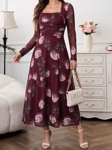 Amorya 女款花卉印花方領長袖優雅洋裝 - 酒紅色 - 查看 9
