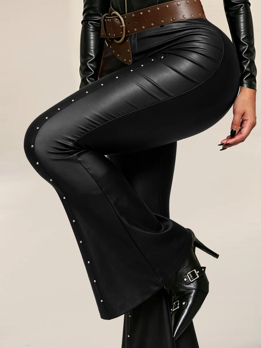 Sirith Women's Solid Color Rhinestone Decor PU Leather Fashion Flare Pants - Black - View 1