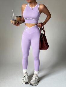 Dewbera Dewbera 女款拼色上衣與緊身褲休閒日常運動套裝 - 淡紫色 - 查看 5