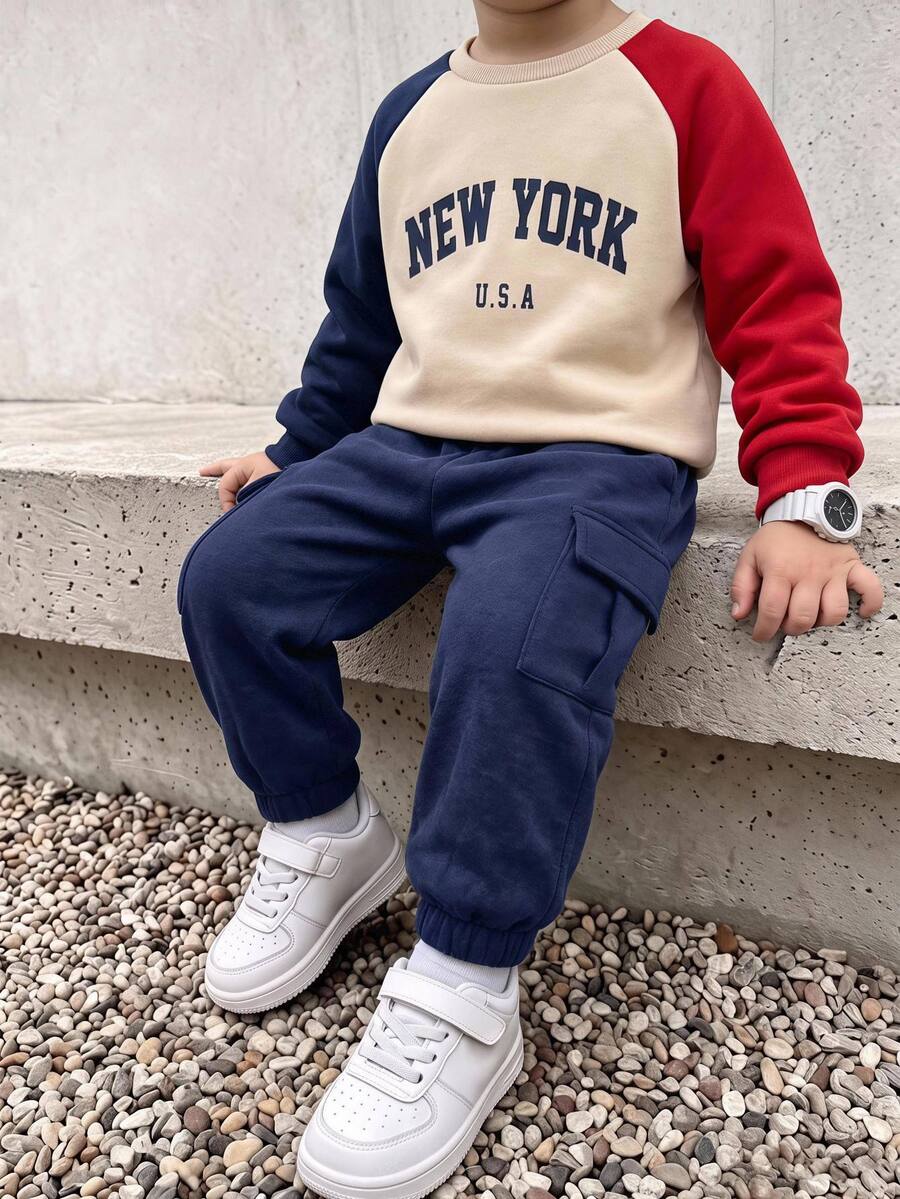 SHEIN 兒童青少年男孩字母圖案拼接長袖衛衣與秋季長褲休閒日常套裝 - 彩色 - 查看 1