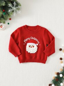 SHEIN 男女嬰兒/幼兒秋冬可愛聖誕老人圖案針織毛衣，嬰兒聖誕毛衣 - 紅色 - 查看 1