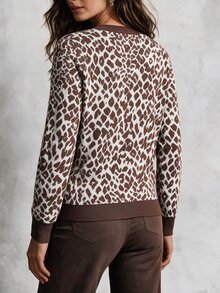 Solivie Women's Autumn/Winter Coffee Brown Leopard Print V-Neck Button Design Sweater - Coffee Brown - View 2