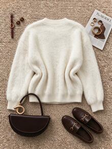 Grovea Plus Size Bow Decor Fluffy V-Neck Long Sleeve Knit Cardigan, Soft Fuzzy Sweater Jacket For Autumn/Winter - White - View 2
