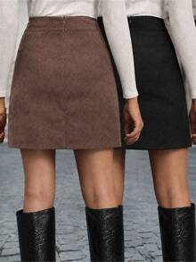 SHEIN LUNE Women's Solid Color Elegant Skirts With Side Buttons And Slit Hem (2-Pack) - Multicolor - View 2