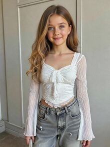 Firerie Kids Firerie Kids 青少年女孩法式優雅長袖紋理素色T恤 春季 - 白色 - 查看 1