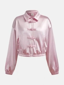 SHEIN 青少年女孩秋冬粉色緞面優雅休閒復古青蛙鈕扣前開方領寬鬆夾克 - 粉色 - 查看 3