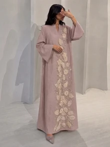 Yasmyna Women's Full-Length Floral Decor Casual Elegant Loose Comfortable Party Robe - Pink - View 3