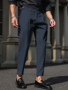 Manfinity Mode Men's Casual Solid Color Tapered Formal Pants For Commuting, Autumn, Fall Formal - Navy Blue - View 4