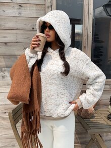 SHEIN EZwear 女款豹紋落肩長袖連帽抓絨運動衫 - 彩色 - 查看 6