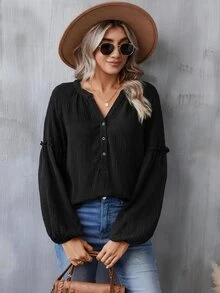SHEIN LUNE 缺口領燈籠袖休閒襯衫 - 黑色 - 查看 6