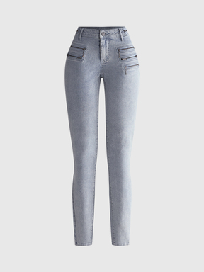 Spring/Summer Y2K Indie Sleaze Street Style Multi-Layer Zipper Decor Ultra Low Waist Skinny Fitted Denim Pencil Pants