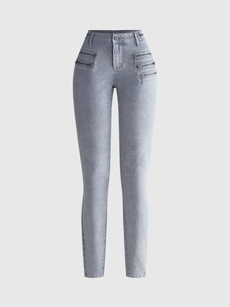 Frühling/Sommer Y2K Sleaze Street Style mehrschichtige Reißverschluss-Dekor Ultra-Tief-Taille Skinny-Schnitt Denim-Bleistift-Hose