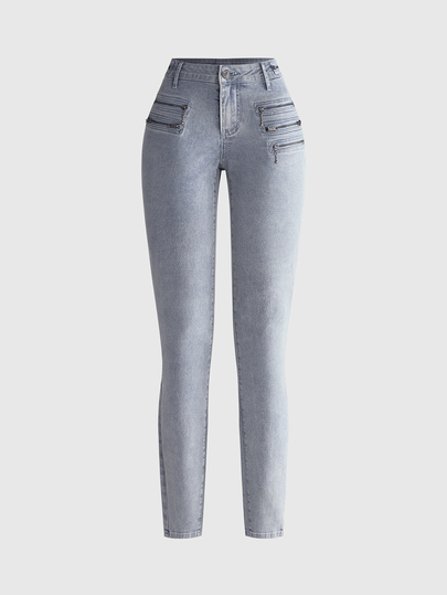 Spring/Summer Y2K Indie Sleaze Street Style Multi-Layer Zipper Decor Ultra Low Waist Skinny Fitted Denim Pencil Pants