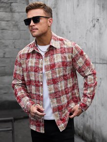 Manfinity CasualCool 男士休閒度假格紋鈕扣長袖襯衫 - 紅色 - 查看 1