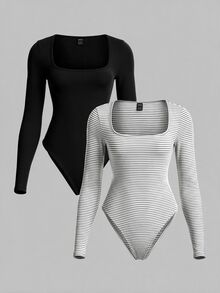 SHEIN BASICS Women's Casual Minimalist Long Sleeve Bodysuit 2pcs Set - Multicolor - View 4