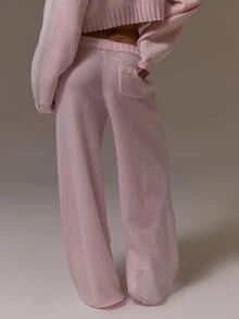 Musera Sport Knitted Ribbed Waist Wide Leg Coord Trouser Cute Girly Autumn Winter Fall Gym Holiday Dainty Ice - Pink - View 4