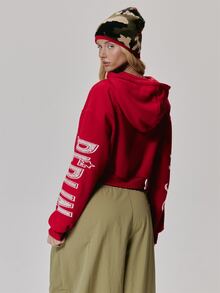 MUSERA Graphic Printed Zip Through Cropped Hoodie Cute Daily Vintage Y2K Back To School Primary - Red - View 5