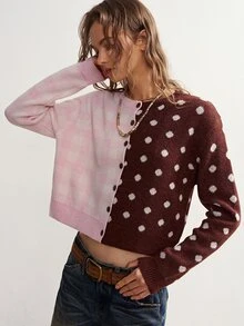 Bohemela Women's Patchwork Polka Dot Long Sleeve Single-Breasted Knit Cardigan - Pink - View 3