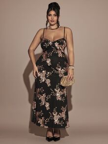 SHEIN BAE CURVE Plus Size Women's Black Sequin Long Spaghetti Strap Tank Dress - Gold - View 2