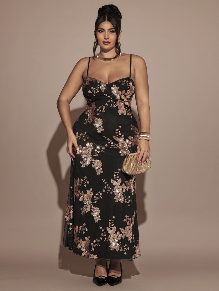 SHEIN BAE CURVE 大尺碼女款黑色亮片細肩帶長版背心洋裝 - 金色 - 查看 2
