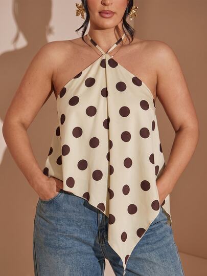 SHEIN BAE Women's Halter Neck Tank Top With Asymmetrical Hem, Polka Dot Top, Basic Top For Date, Commute, Outing, Airport, Autumn Outfit