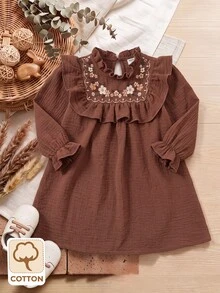Baby Girl Floral Embroidered Pattern Pleated Casual Daily Summer Dress - Brown - View 8