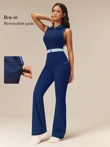 OutZeal One-Piece Women Outdoor Jumpsuit Casual Studio Bra-In Front Half Zip Flared Leg With Pockets - Navy Blue - View 5