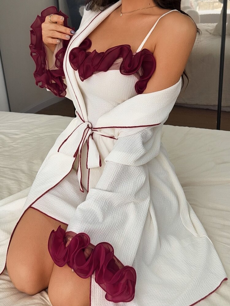 Napfluff Bộ 2 món váy ngủ và áo choàng buộc dây trước bằng vải crepe vân nổi phối màu tương phản, viền hoa 3D, đồ mặc nhà thoải mái thanh lịch cho mọi mùa - Màu be - Xem 5
