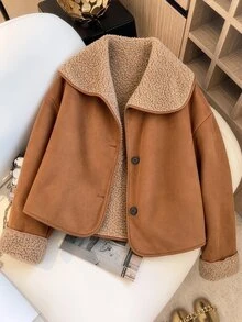 GlowEve CURVE Women's Plus Size Brown Shearling Jacket With Buttons, Fashion Style Winter Thanksgiving Holiday Going Out Casual Baggy - Brown - View 1