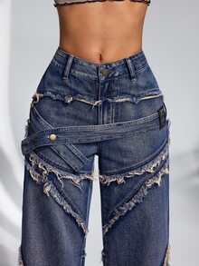 SHEIN PETITE Women's Frayed Hem Casual Versatile Everyday Jeans - Blue - View 7