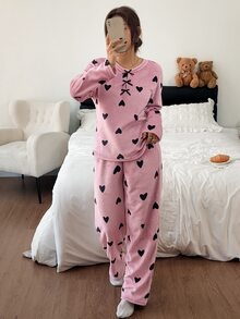 Napfluff Women's Autumn/Winter Plush Heart Print Long Sleeve & Long Pants Loungewear Set - Dusty Pink - View 6
