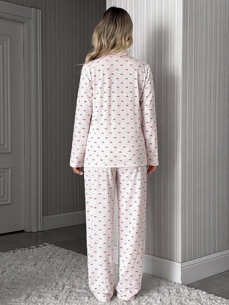SHEIN Classic Button Front Bow Printed Pajama Set – Soft Long Sleeve Top & Comfy Straight Leg Pants - Pink - View 2