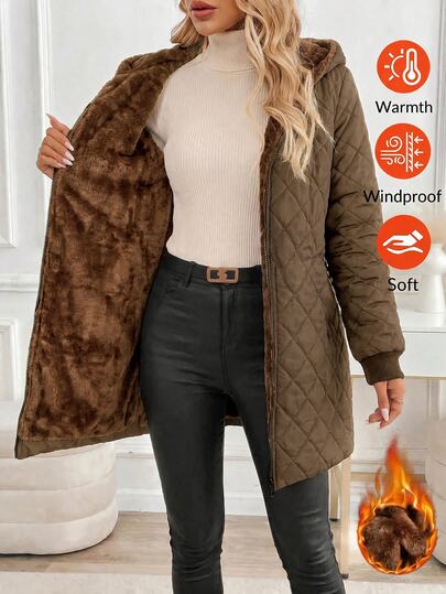SHEIN Clasi Women's Solid Color Long Sleeve Zipper Front Thermal Lined Casual Hooded Winter Jacket
