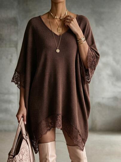 Linhara CURVE Women's Plus Size Vintage Dark Brown V-Neck Cape Knit Lace Patchwork Loose Pullover Top, Autumn/Winter T-Shirt
