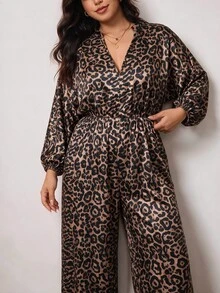 Truni Plus-Size Women's Retro Leopard Print Waist-Cinching Long-Sleeved JumpsuitPear Body,Triangle Body - Multicolor - View 6