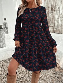 SHEIN VCAY Casual Minimalist Ditsy Floral Pattern Loose Round Neck Plus Size Dress Suitable For Autumn/Winter - Multicolor - View 3