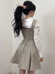 FRIFUL Women's Low-Cut Double-Row Denim Design Casual Suspenders Short Dress - Khaki - View 5