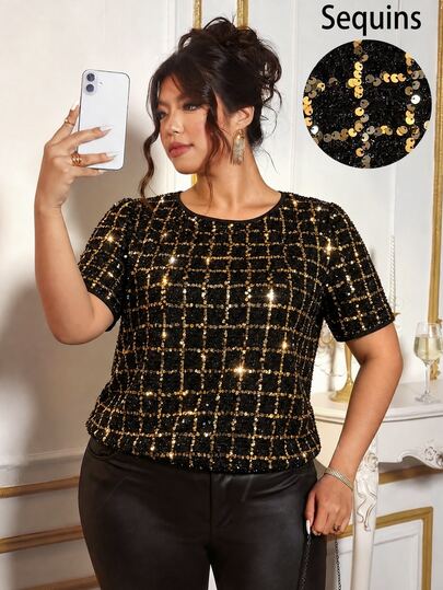 Cravure Chemise à manches courtes en paillettes de mode exquise grande taille pour festival de musique et fête
