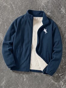 SHEIN 兒童青少年男孩可愛秋冬抓絨立領夾克，深藍色，適合室內、戶外、日常、運動、玩耍、派對、攝影、度假、節日、嘉年華 - 藏蓝色 - 查看 4